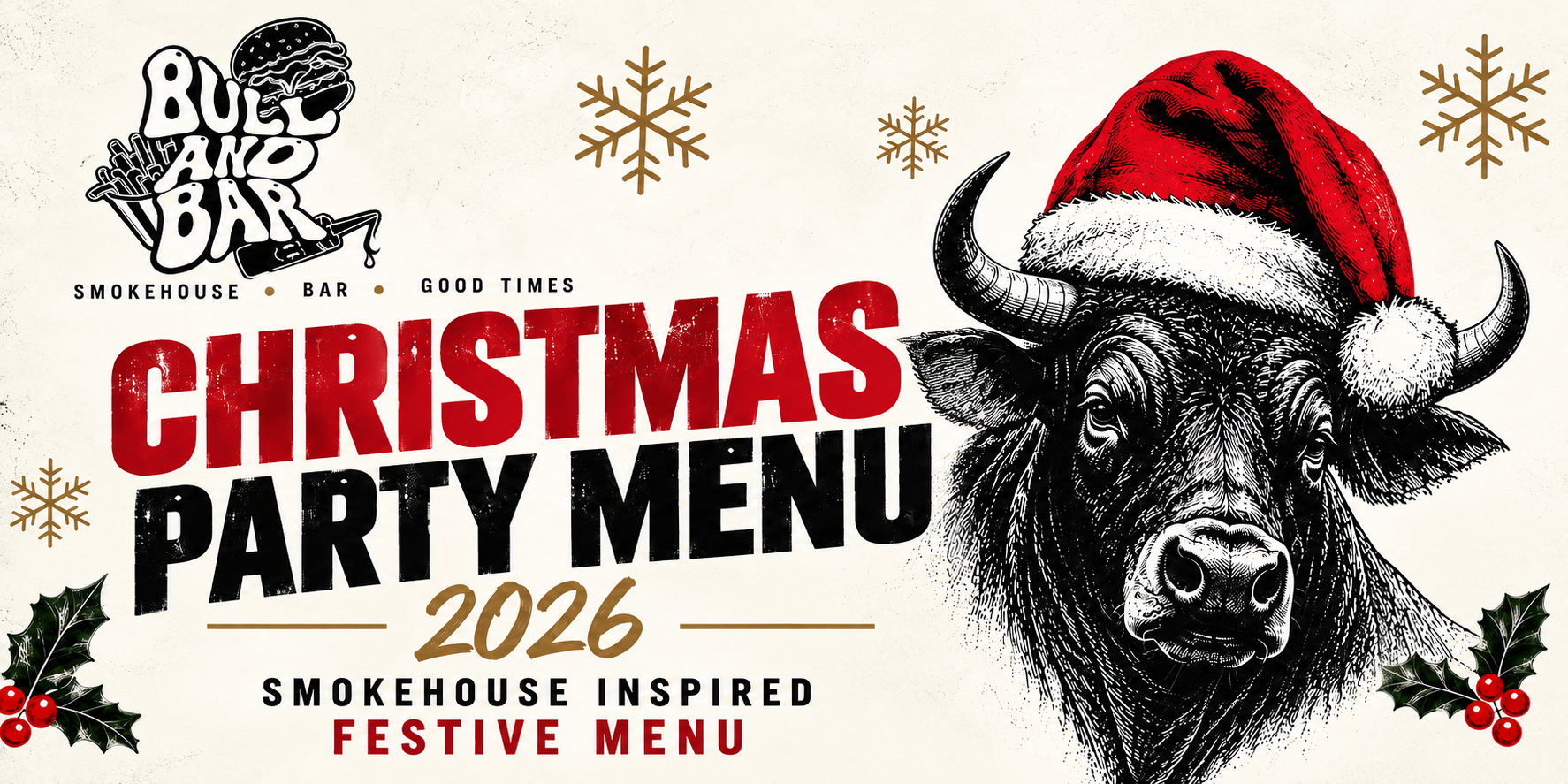 Bull & Bar Christmas Party Menu 2026 artwork with a bull wearing a Santa hat